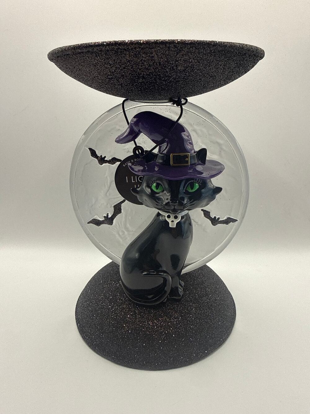 Light-up Cat & Moon Pedestal Bath & Body Works 3-wick Halloween Candle Holder